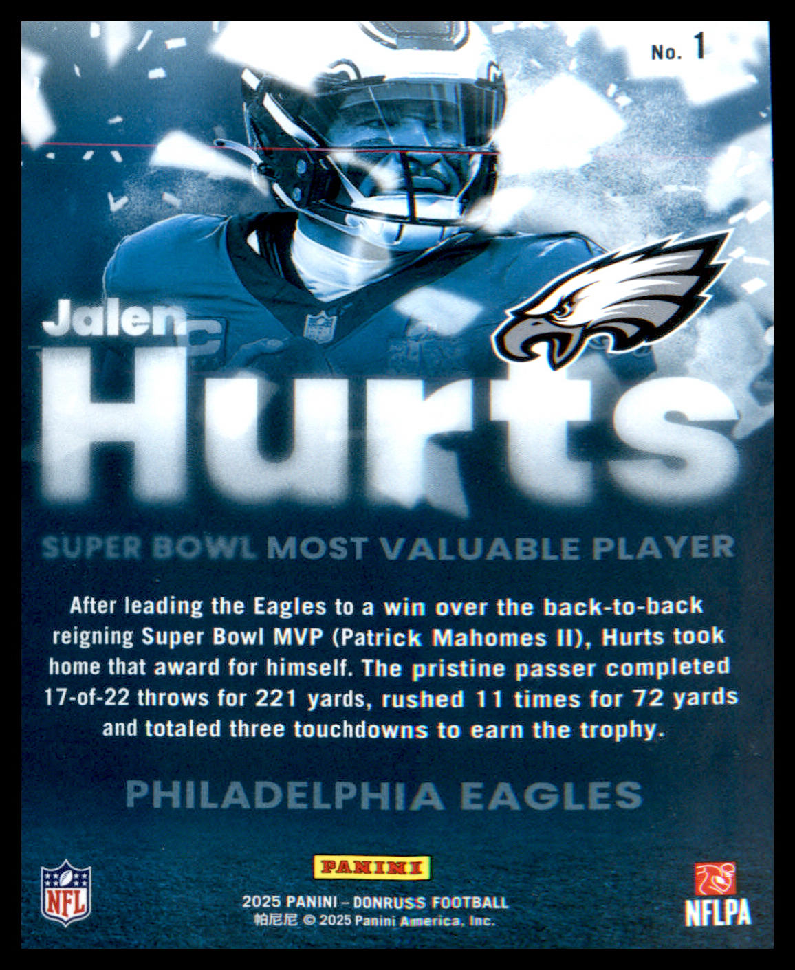 2025 Donruss Super Bowl MVP #1 Jalen Hurts - Veteran Sports Cards FL