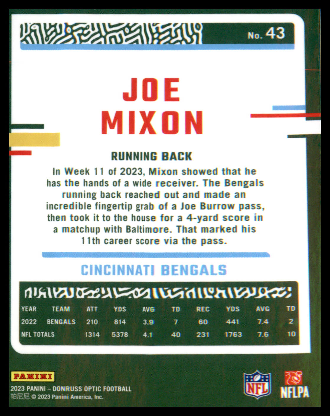 2023 Donruss Optic #43 Joe Mixon - Veteran Sports Cards FL
