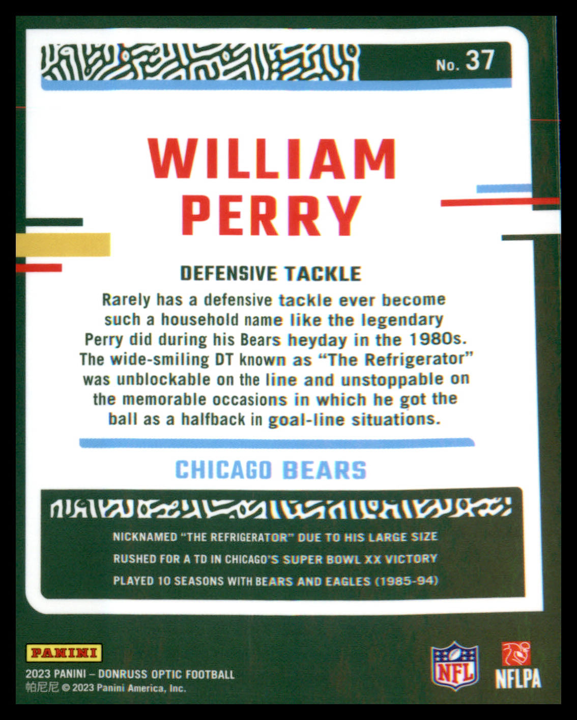 2023 Donruss Optic #37 William Perry - Veteran Sports Cards FL