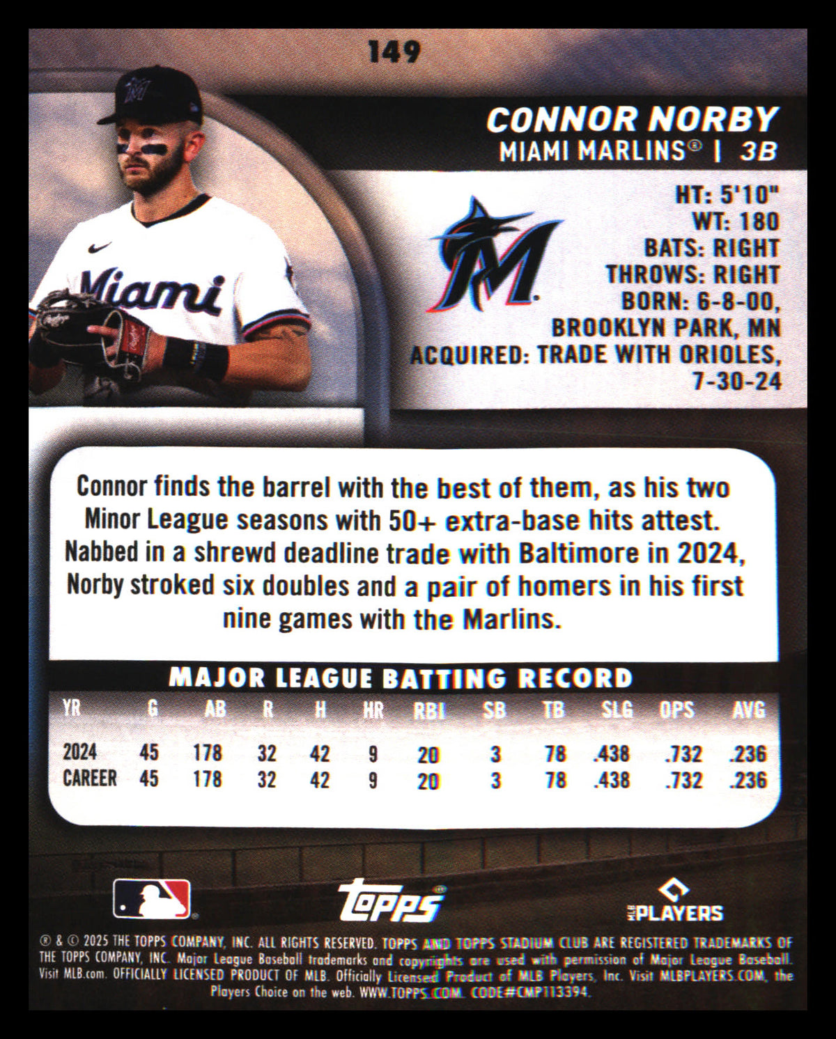 2025 Stadium Club #149 Connor Norby Rookie Rookie - Veteran Sports Cards FL