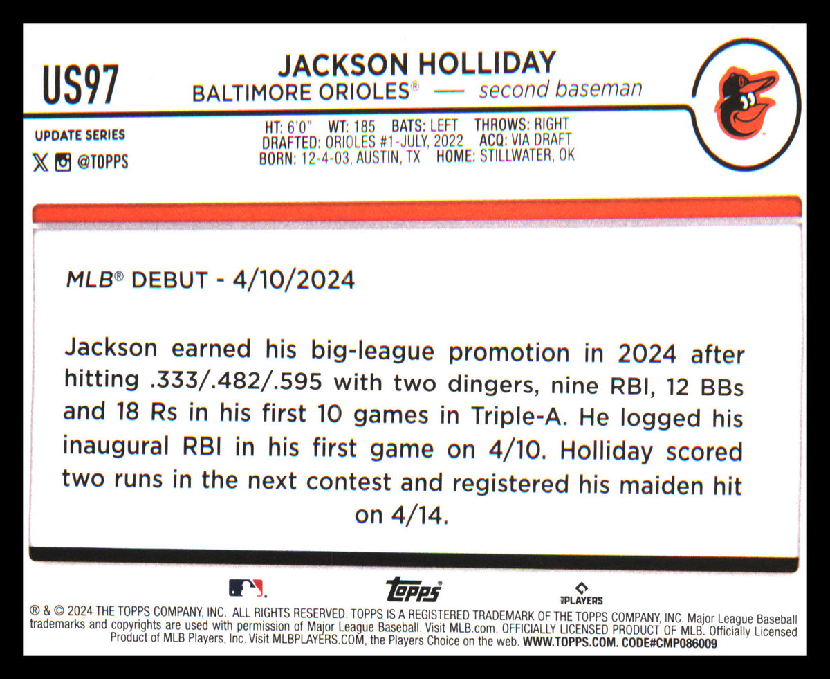 2024 Topps Update #US97 Jackson Holliday - Veteran Sports Cards FL