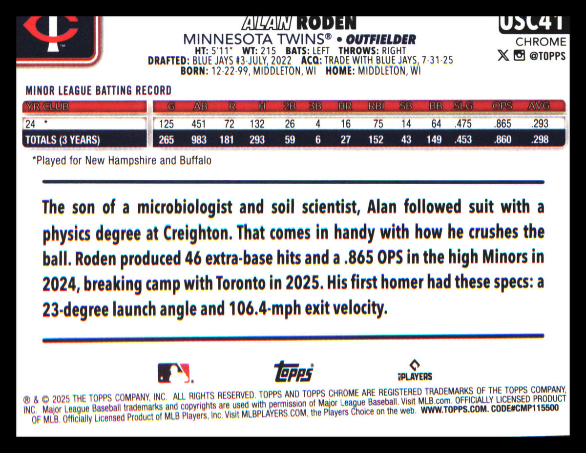 2025 Topps Chrome Update X-Fractors #USC41 Alan Roden Rookie Rookie - Veteran Sports Cards FL