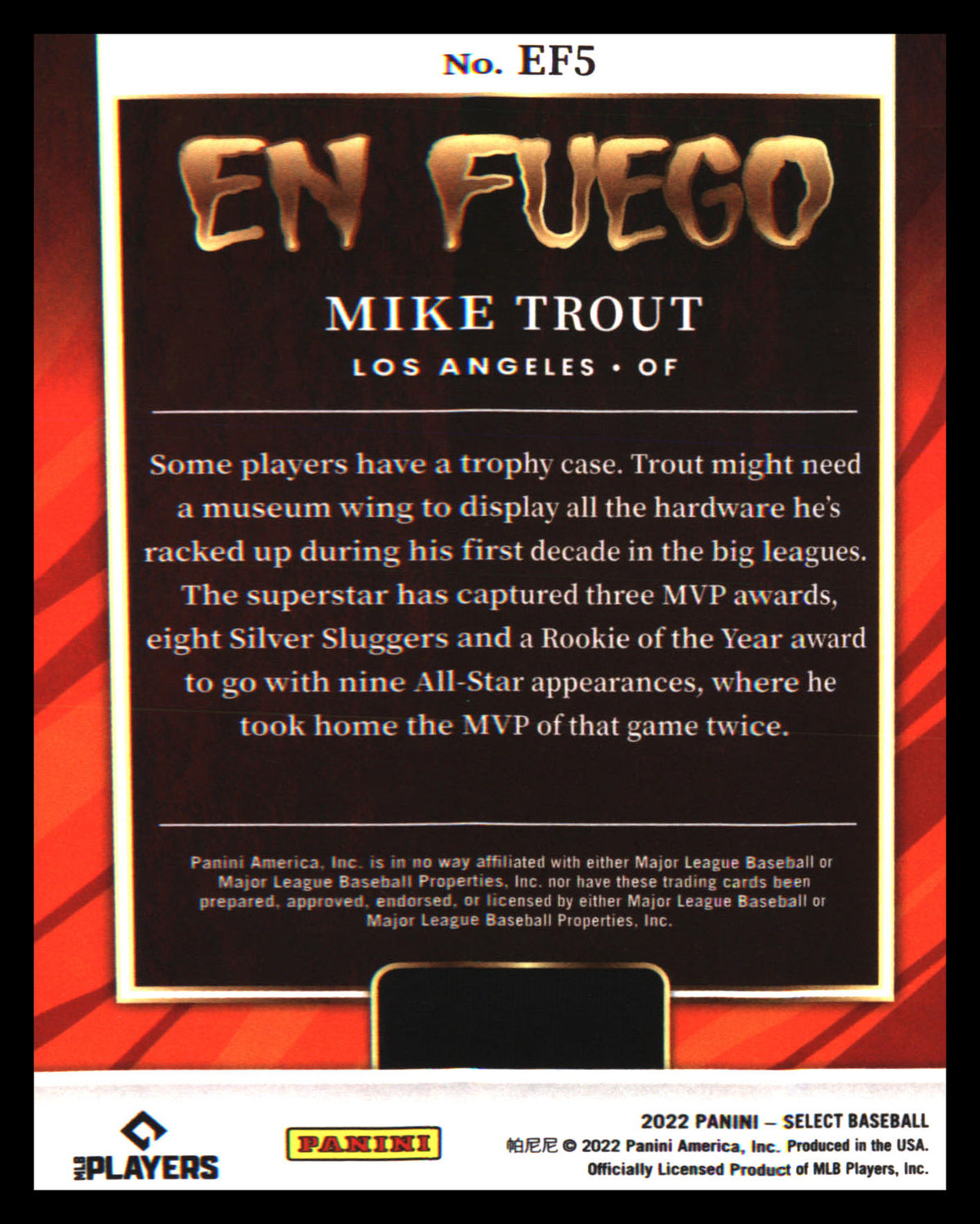 2022 Panini Select En Fuego #EF5 Mike Trout - Veteran Sports Cards FL