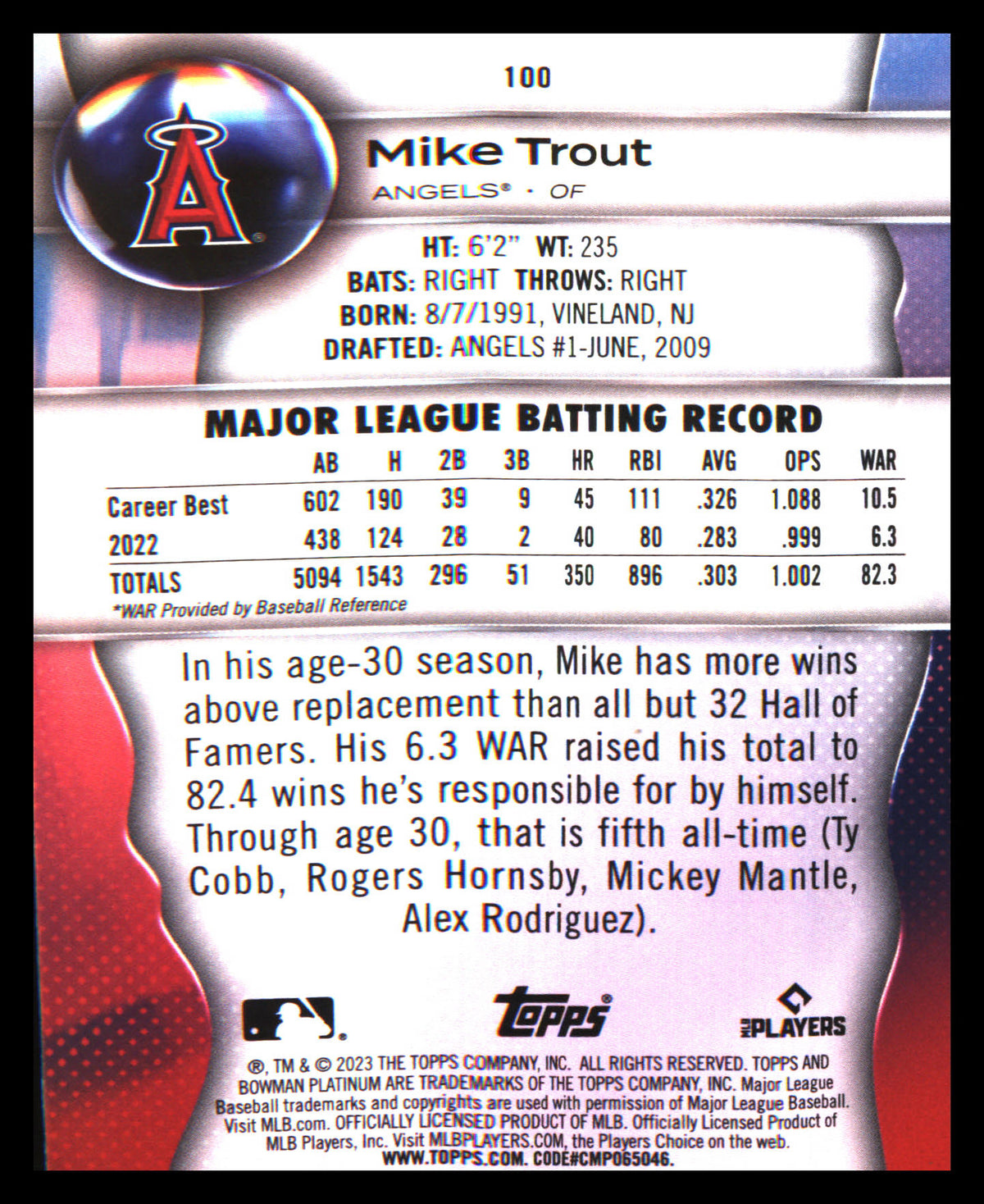 2023 Bowman Platinum #100 Mike Trout - Veteran Sports Cards FL