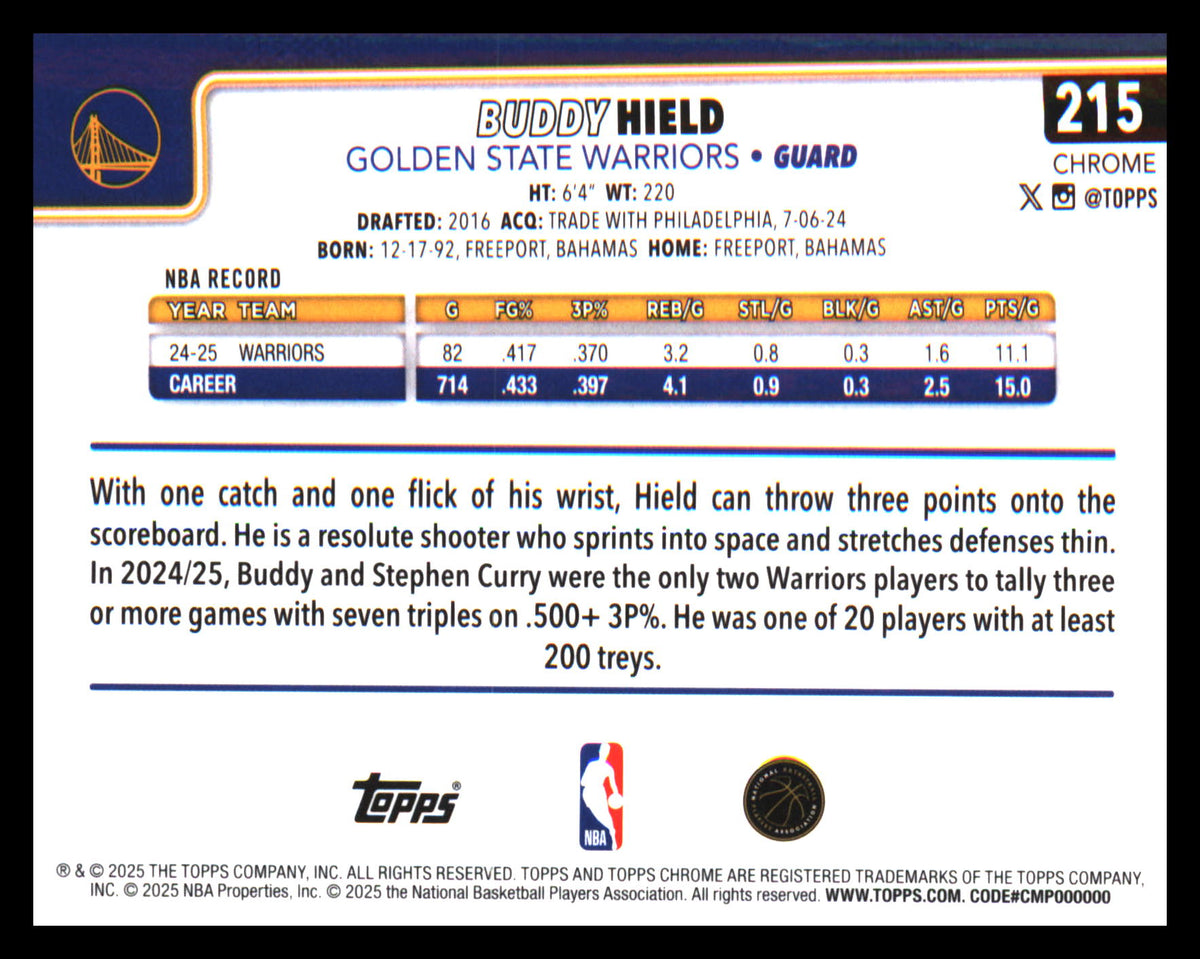 2025-26 Topps Chrome RayWave Refractor #215 Buddy Hield - Veteran Sports Cards FL