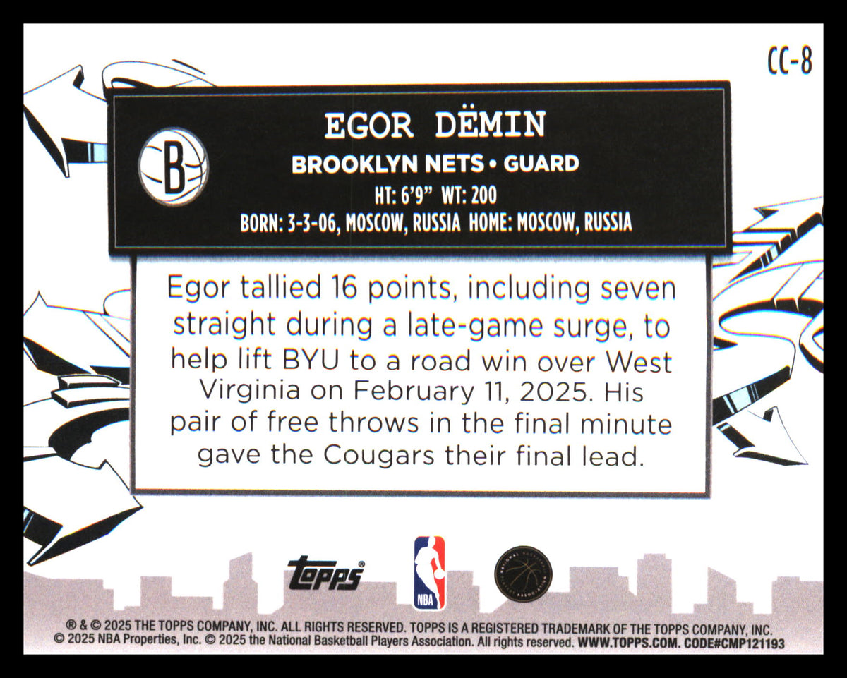 2025-26 Topps Clutch City Prospects Holo Foil #CC-8 Egor Dëmin - Veteran Sports Cards FL