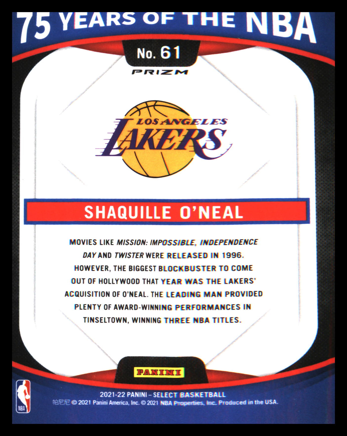 2021-22 Panini Select 75 Years of the NBA Prizm #61 Shaquille O'Neal - Veteran Sports Cards FL