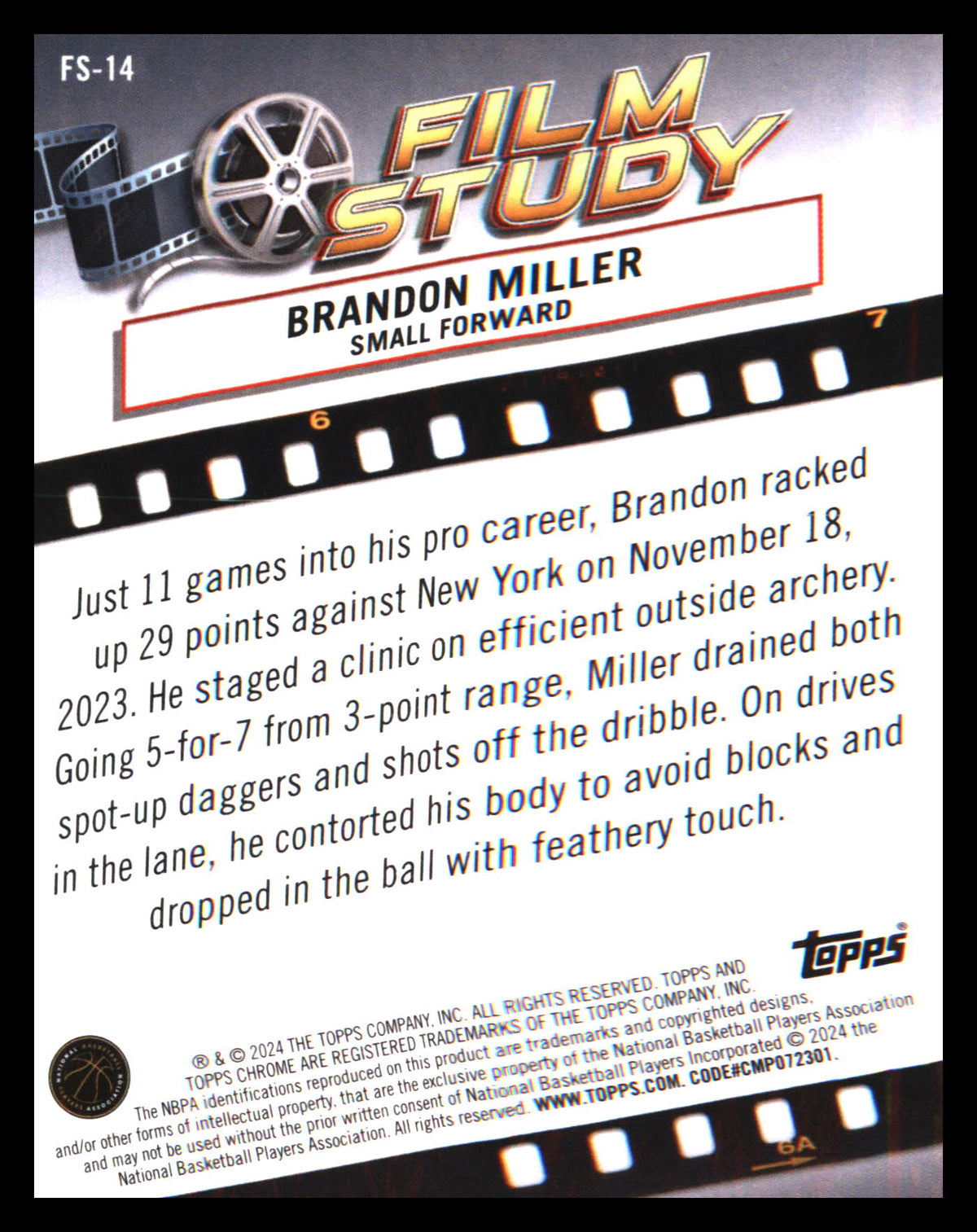 2023-24 Topps Chrome Film Study #FS-14 Brandon Miller - Veteran Sports Cards FL