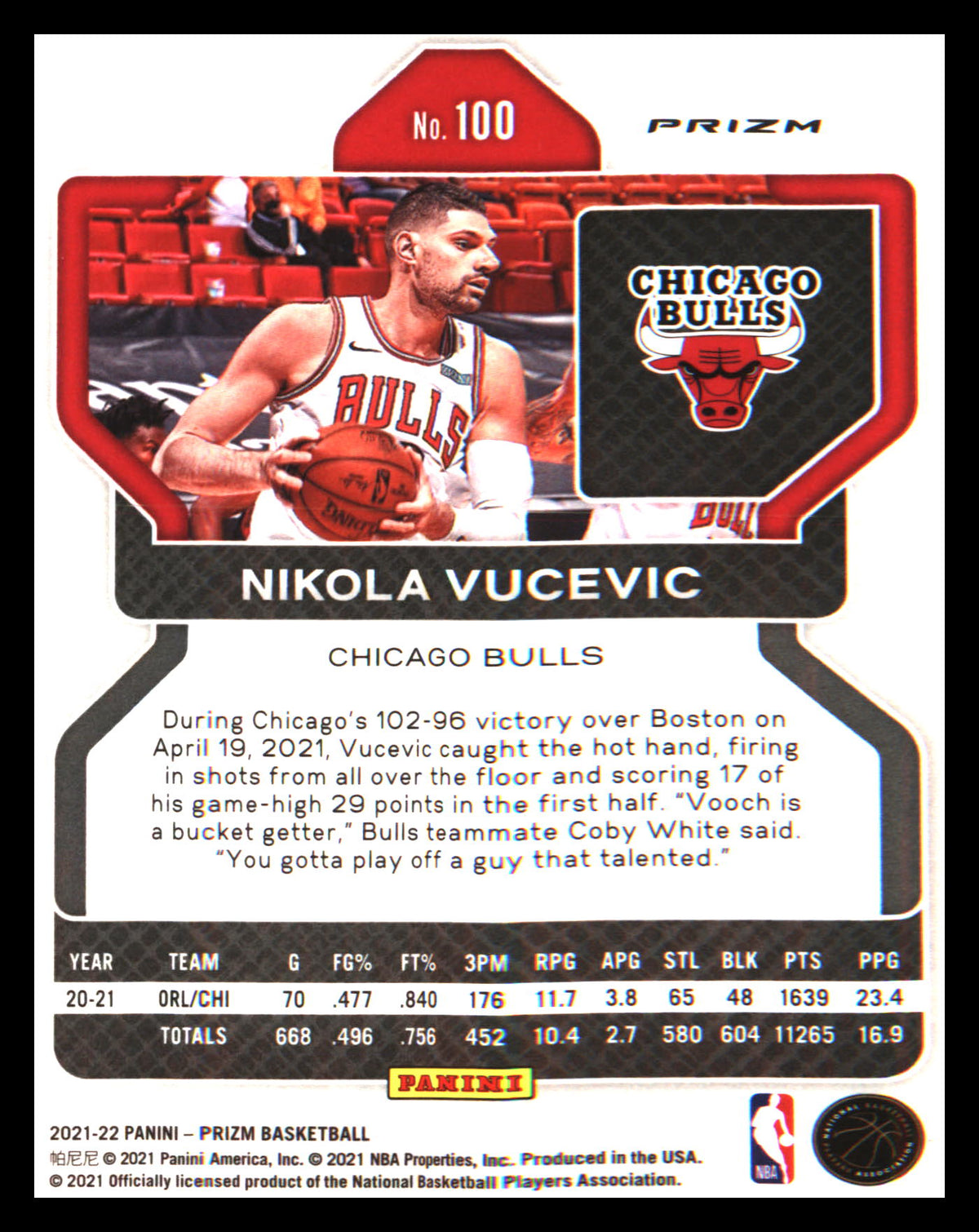 2021-22 Panini Prizm Red White and Blue #100 Nikola Vucevic - Veteran Sports Cards FL