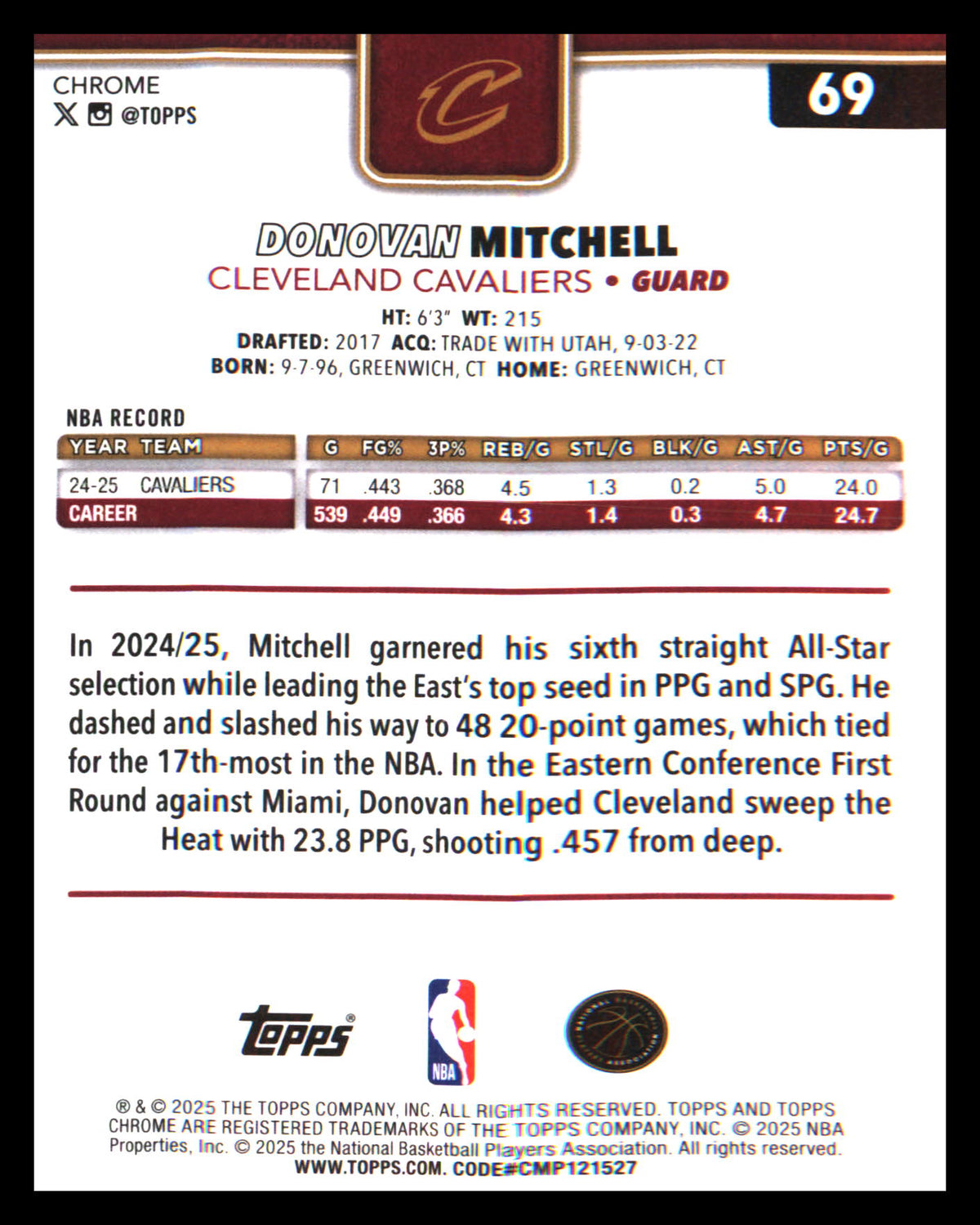 2025-26 Topps Chrome Red White and Blue Refractor #69 Donovan Mitchell - Veteran Sports Cards FL