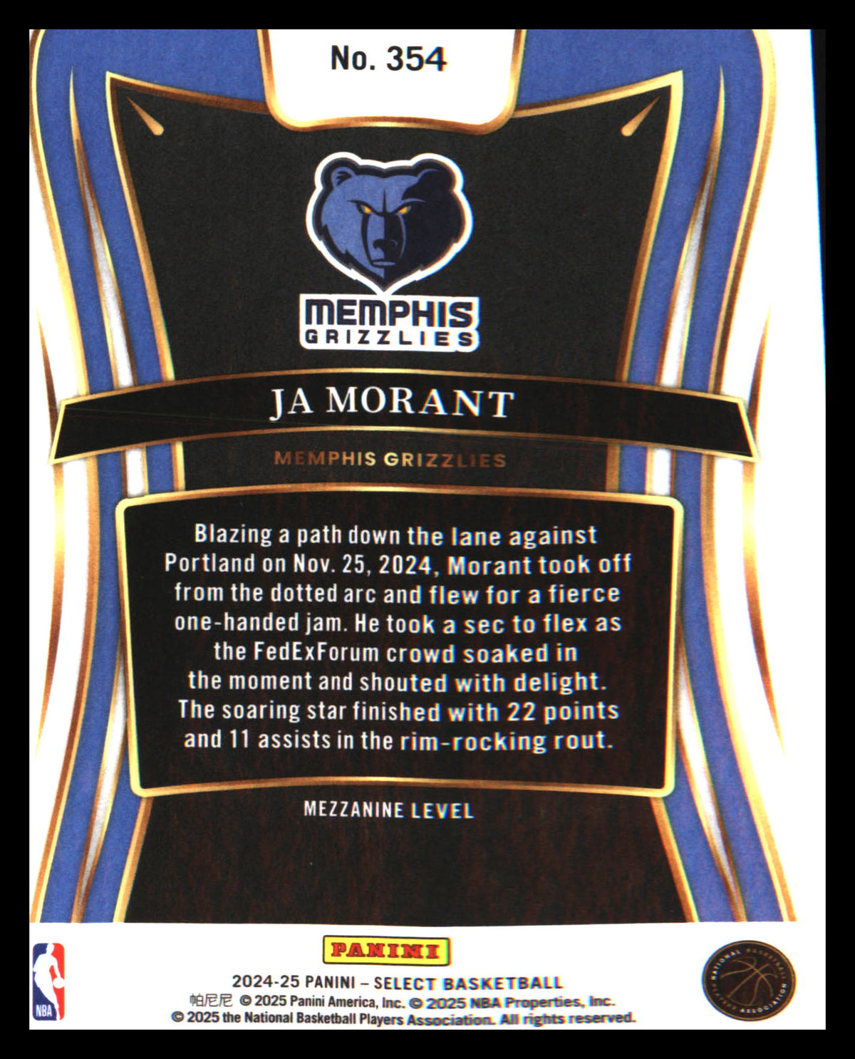 2024-25 Panini Select #354 Ja Morant - Veteran Sports Cards FL