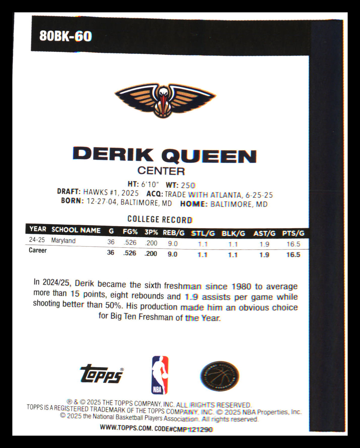 2025-26 Topps 1980-81 Topps Basketball #80BK-60 Derik Queen - Veteran Sports Cards FL