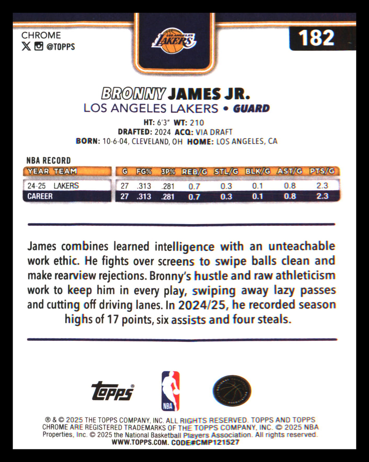 2025-26 Topps Chrome #182 Bronny James Jr. - Veteran Sports Cards FL