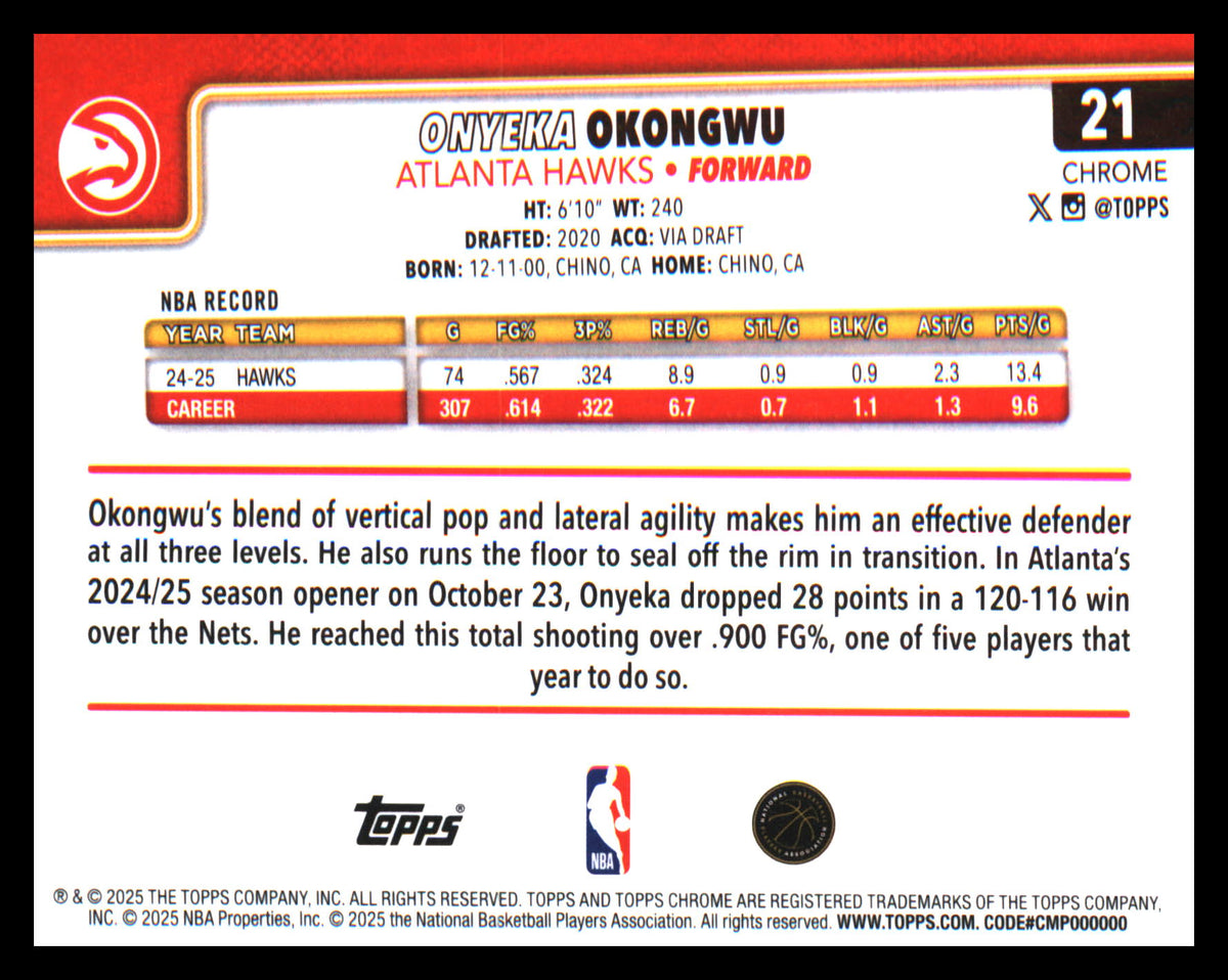 2025-26 Topps Chrome X-Fractor #21 Onyeka Okongwu - Veteran Sports Cards FL