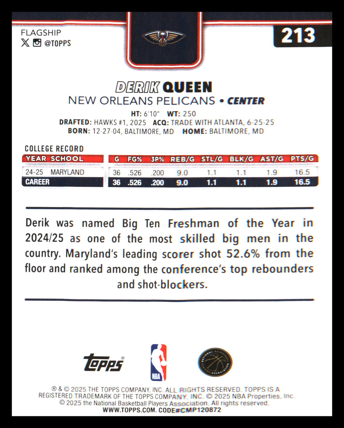 2025-26 Topps Season Tip Off #213 Derik Queen Rookie Rookie - Veteran Sports Cards FL