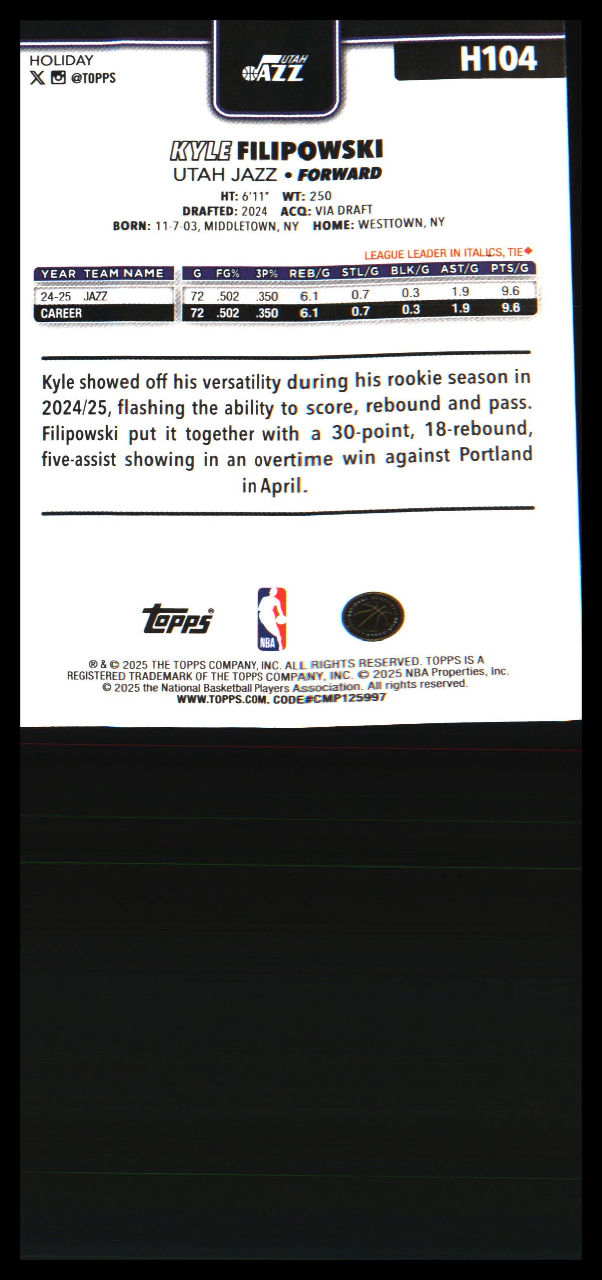 2025-26 Topps Holiday Blue Metallic Glitter Holiday #H104 Kyle Filipowski - Veteran Sports Cards FL