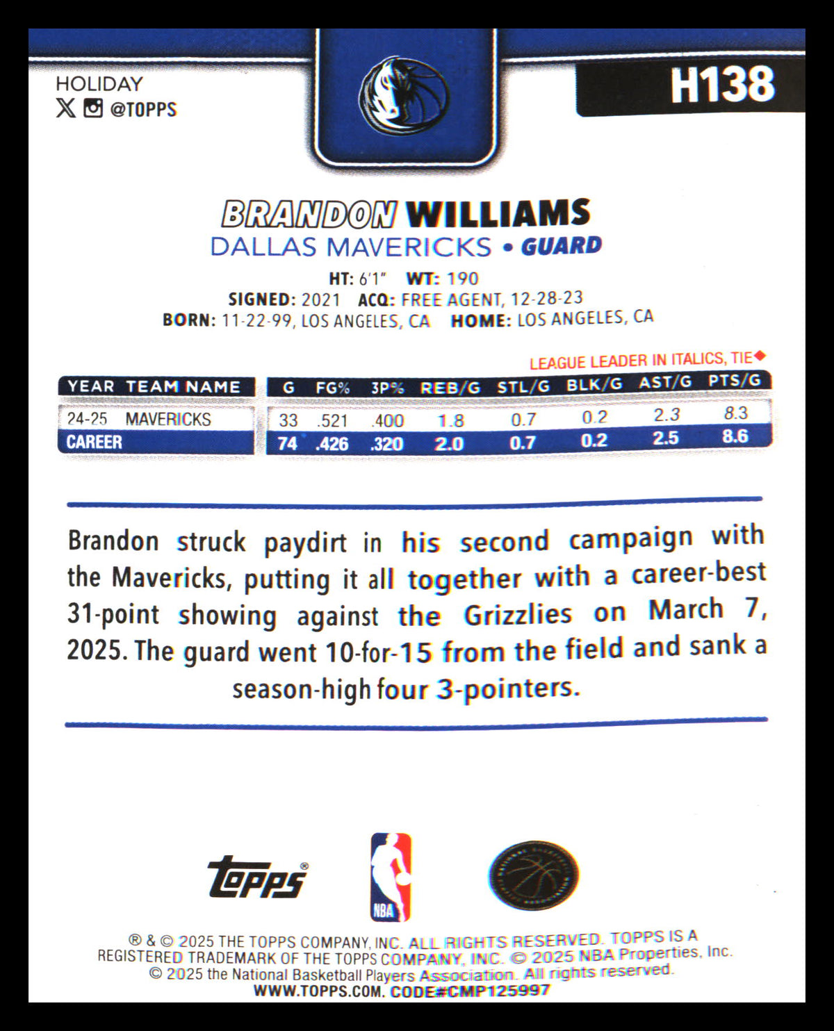 2025-26 Topps Holiday Blue Metallic Glitter Holiday #H138 Brandon Williams - Veteran Sports Cards FL