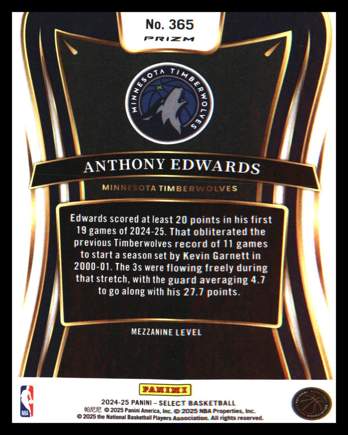 2024-25 Panini Select Blue Prizm #365 Anthony Edwards - Veteran Sports Cards FL