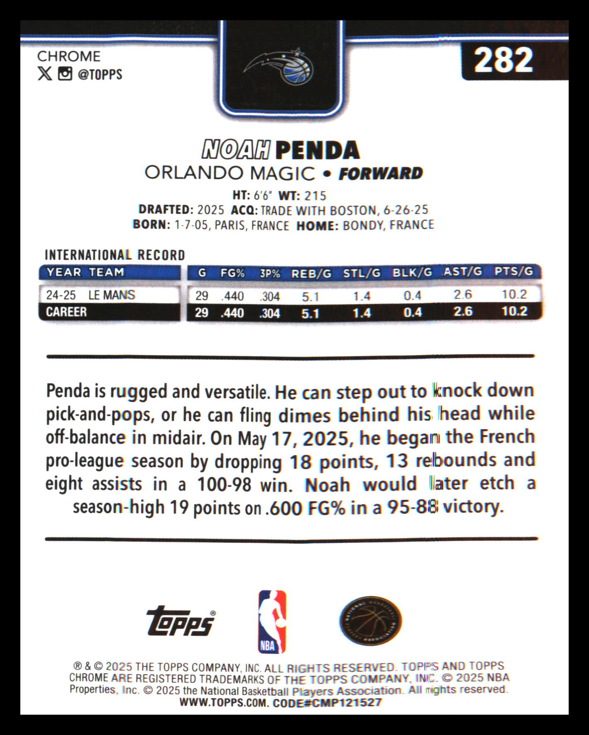 2025-26 Topps Chrome X-Fractor #282 Noah Penda Rookie Rookie - Veteran Sports Cards FL