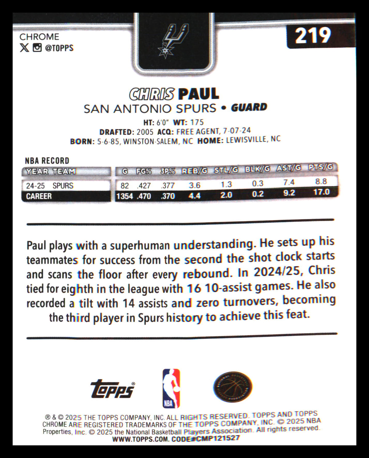 2025-26 Topps Chrome X-Fractor #219 Chris Paul - Veteran Sports Cards FL
