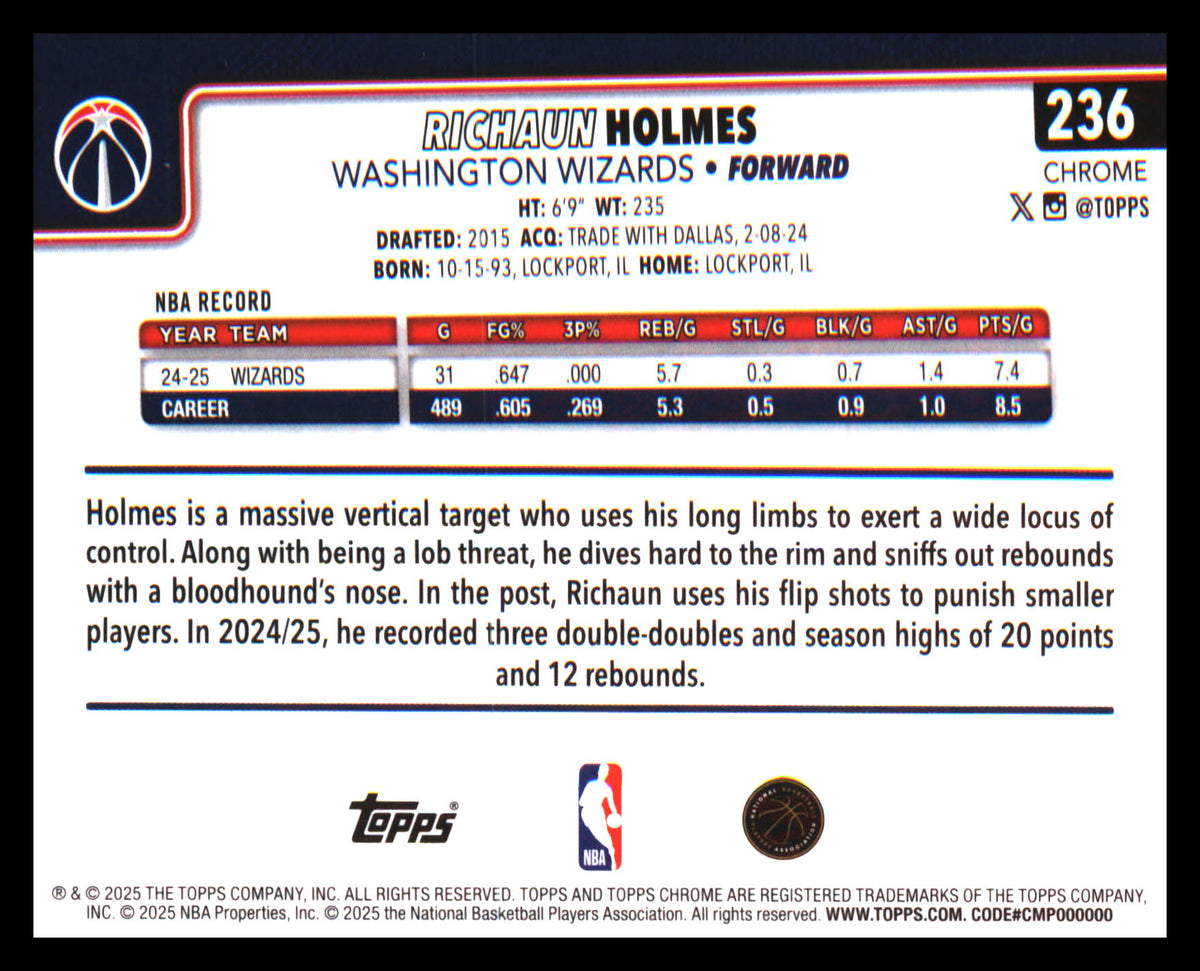 2025-26 Topps Chrome X-Fractor #236 Richaun Holmes - Veteran Sports Cards FL