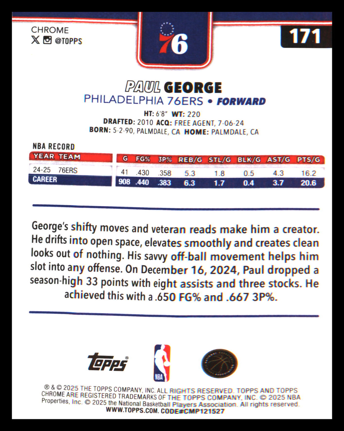 2025-26 Topps Chrome Prism Refractor #171 Paul George - Veteran Sports Cards FL