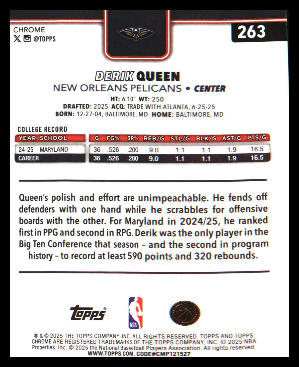 2025-26 Topps Chrome #263 Derik Queen Rookie Rookie - Veteran Sports Cards FL