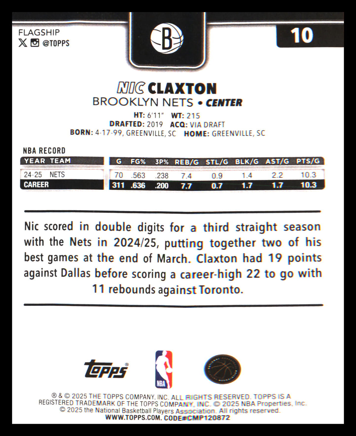 2025-26 Topps Holo Foil #10 Nic Claxton - Veteran Sports Cards FL