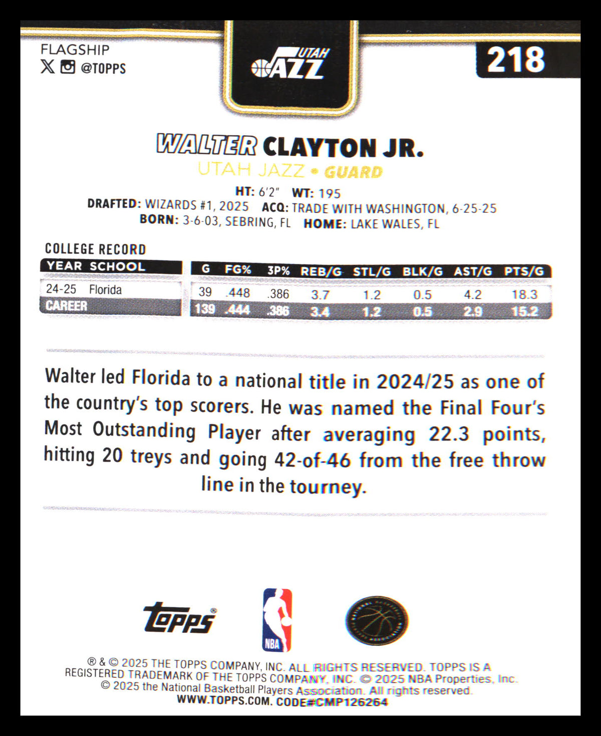 2025-26 Topps Black Friday Blackout RC Parallel Walter Clayton Jr #218 Utah Jazz - Veteran Sports Cards FL
