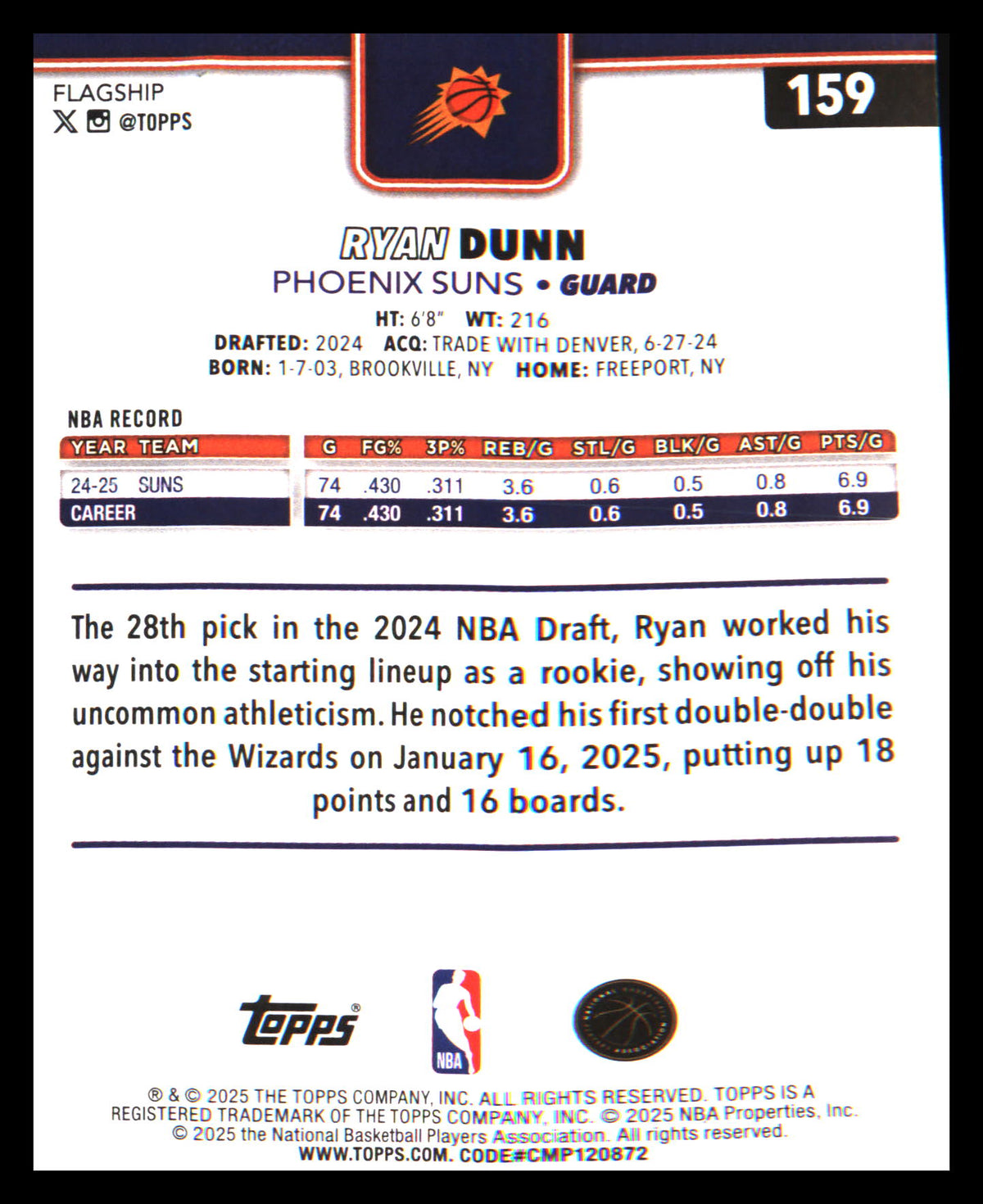 2025-26 Topps Diamante #159 Ryan Dunn - Veteran Sports Cards FL