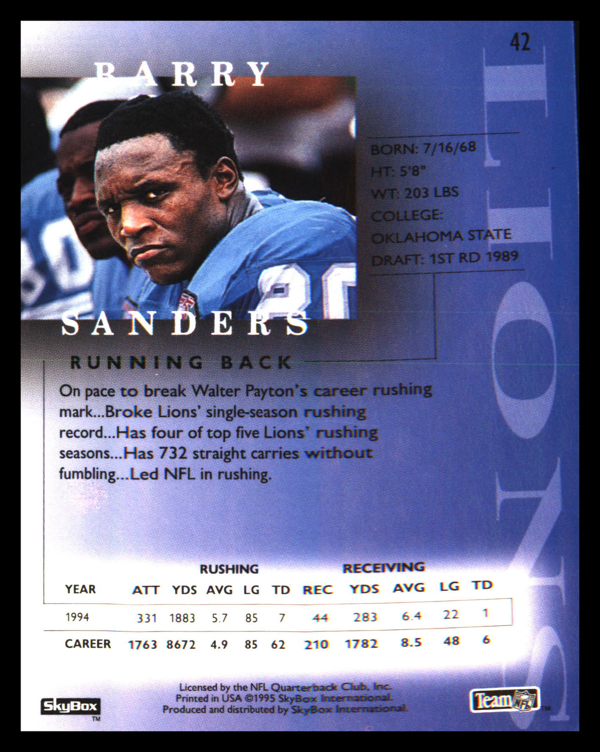 1995 SkyBox Premium #42 Barry Sanders - Veteran Sports Cards FL