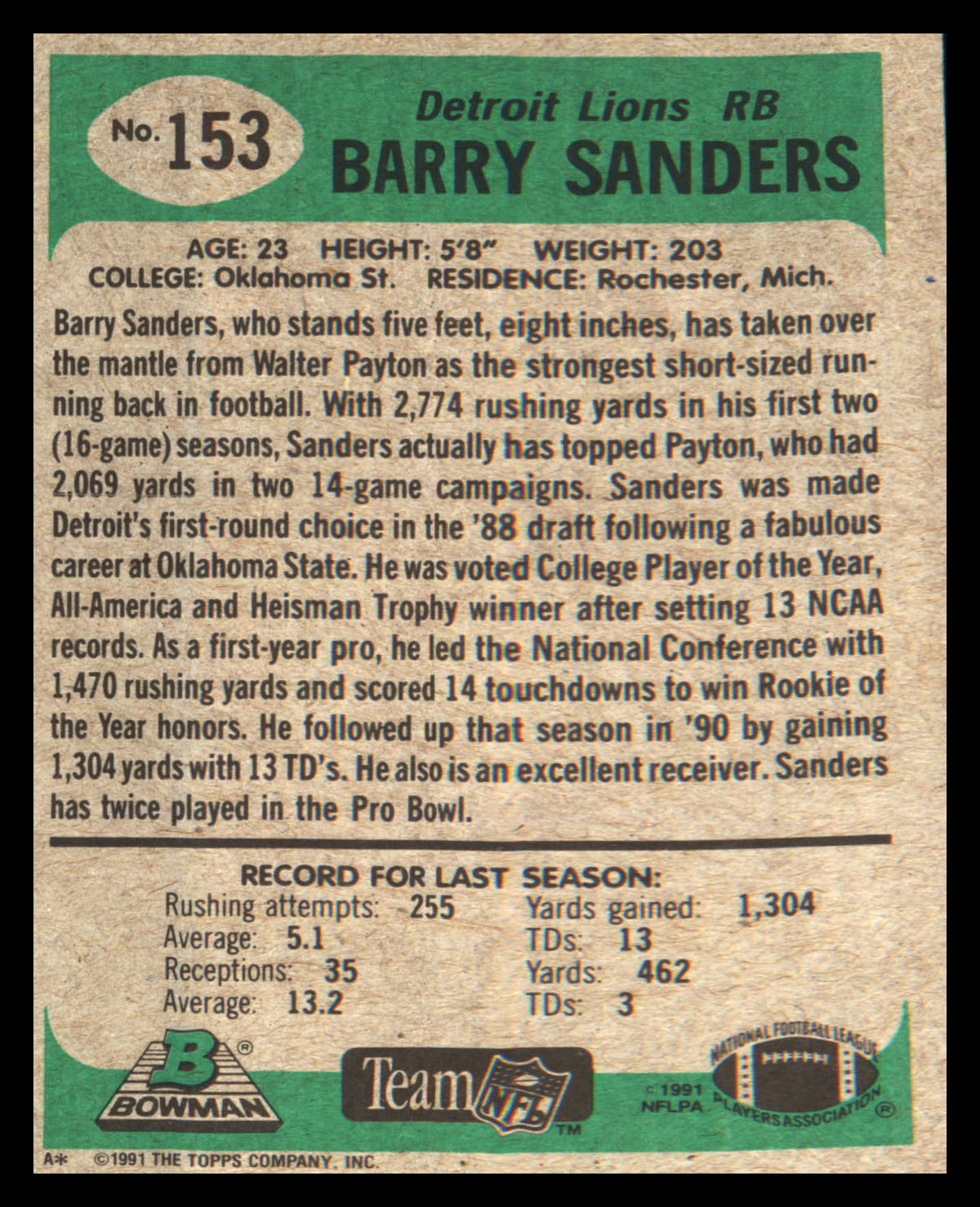 1991 Bowman #153 Barry Sanders - Veteran Sports Cards FL