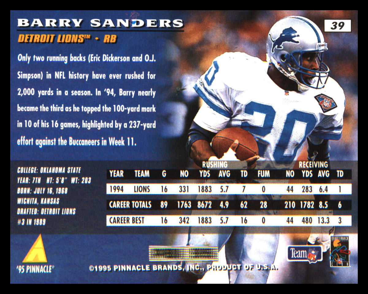 1995 Pinnacle #39 Barry Sanders - Veteran Sports Cards FL