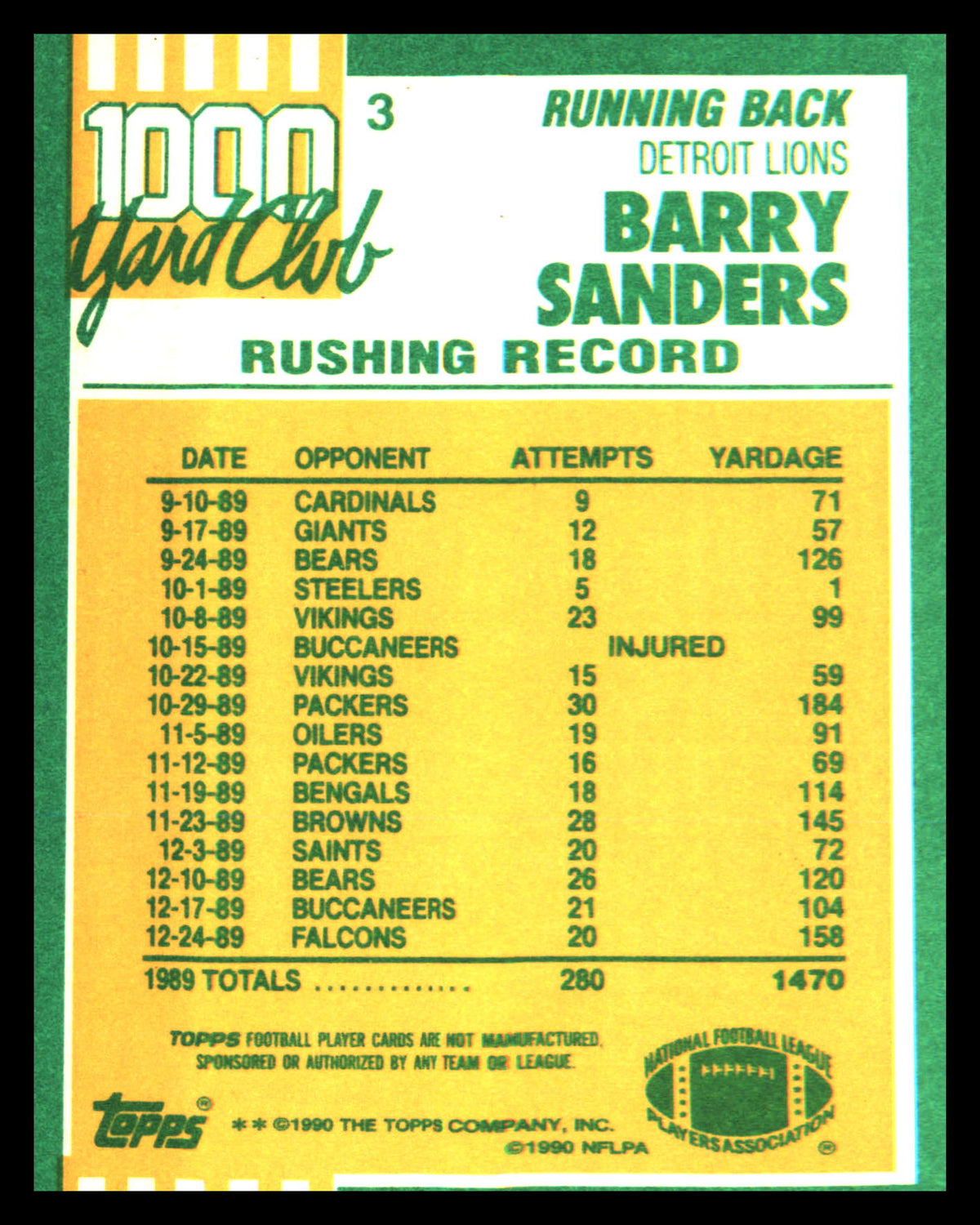 1990 Topps 1000 Yard Club #3 Barry Sanders - Veteran Sports Cards FL