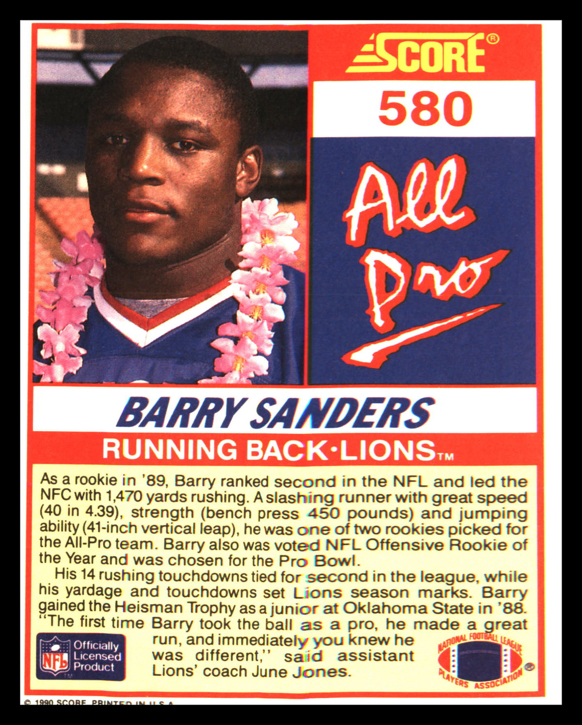 1990 Score #580 Barry Sanders - Veteran Sports Cards FL