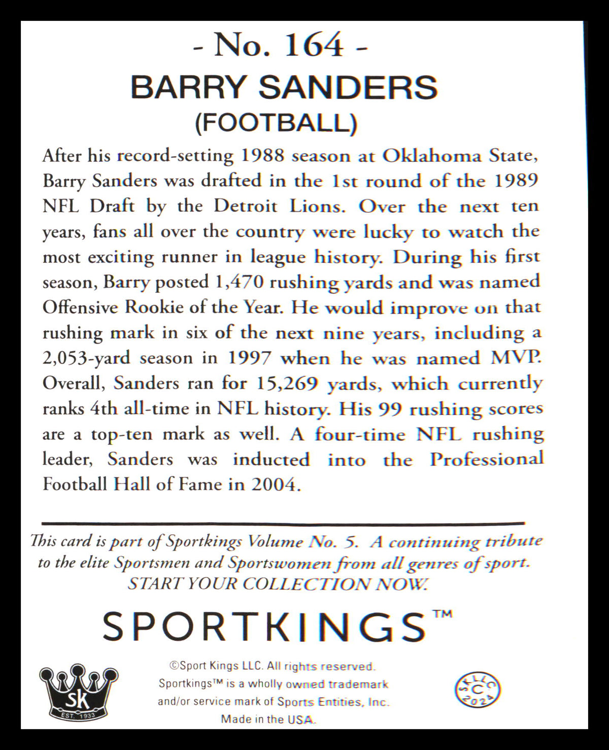 2024 Sportkings Volume 5 #164 Barry Sanders - Veteran Sports Cards FL