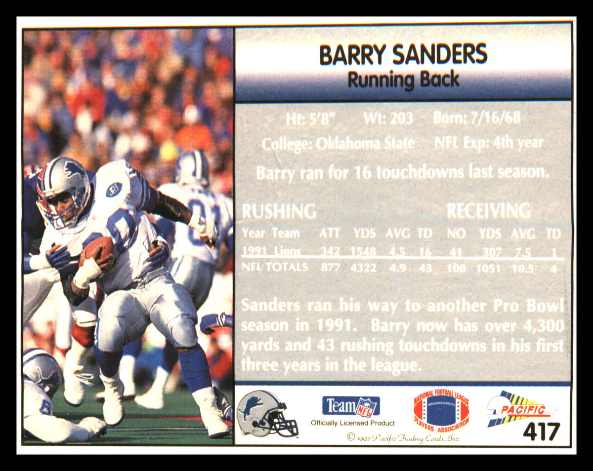 1992 Pacific #417 Barry Sanders - Veteran Sports Cards FL