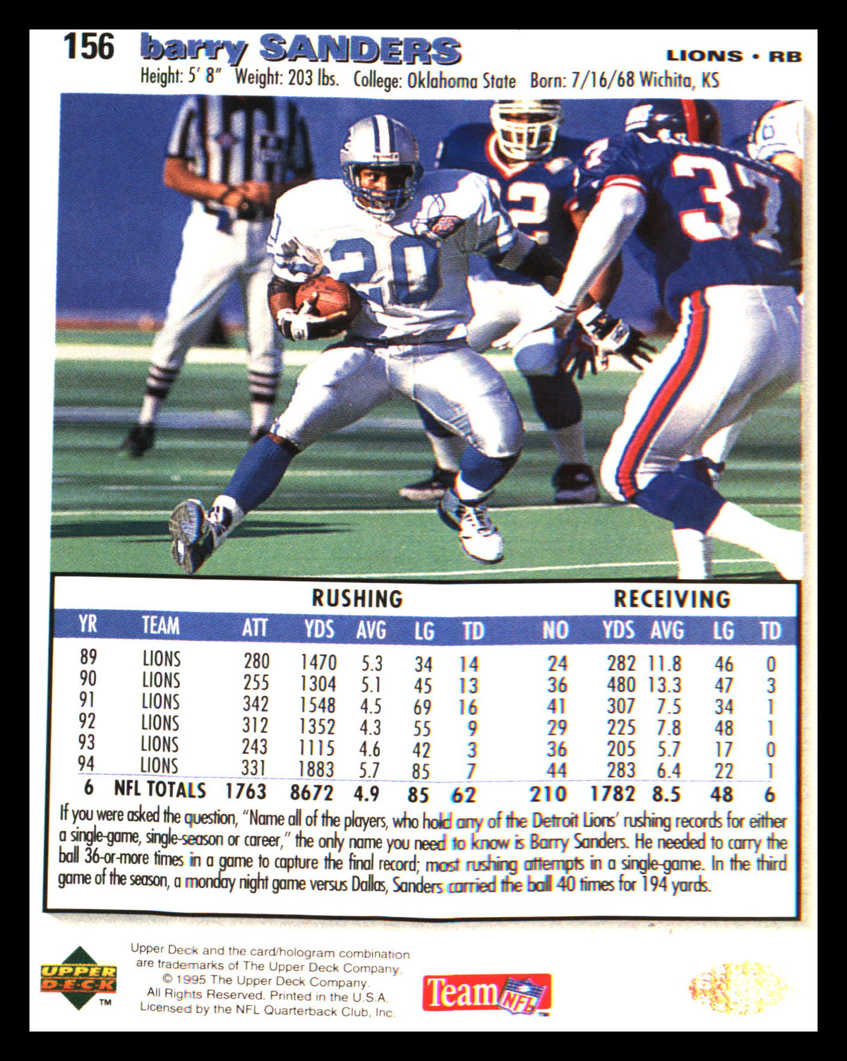 1995 Collector's Choice #156 Barry Sanders - Veteran Sports Cards FL