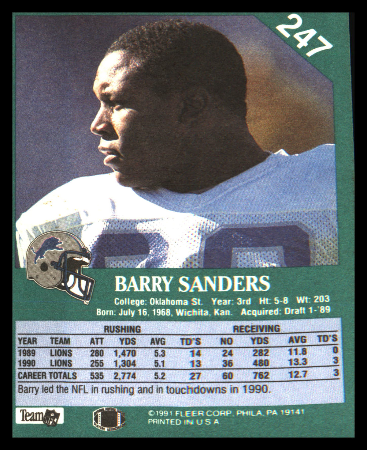 1991 Fleer #247 Barry Sanders - Veteran Sports Cards FL