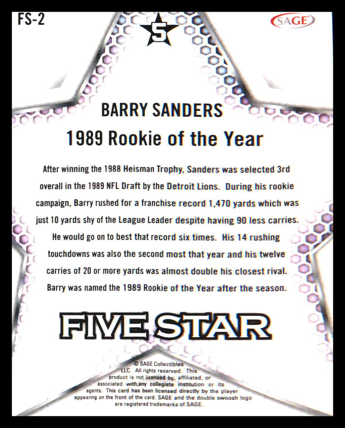 2024 SAGE HIT Five Star Gold #FS-2 Barry Sanders - Veteran Sports Cards FL