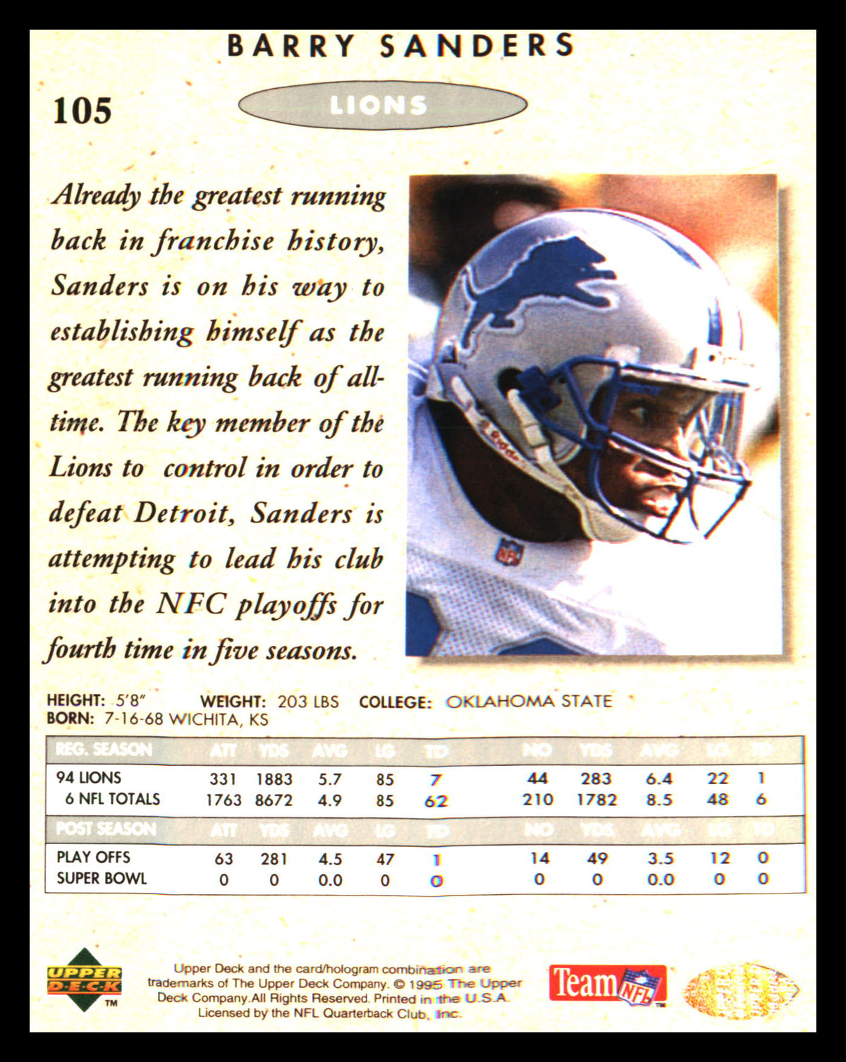 football, 1990s 1995 SP Championship #105 Barry Sanders