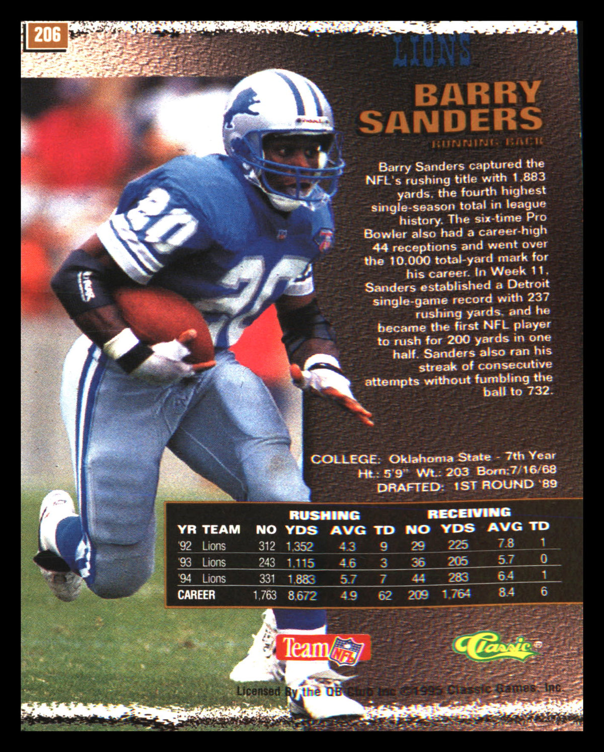 1995 Pro Line #206 Barry Sanders - Veteran Sports Cards FL