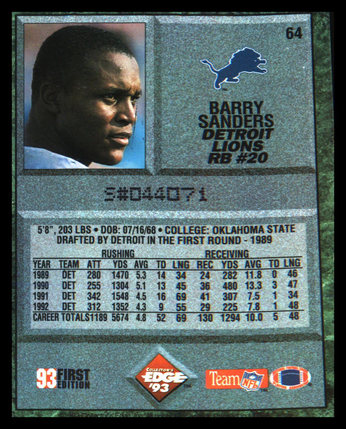 1993 Collector's Edge #64 Barry Sanders SN #/100000 - Veteran Sports Cards FL