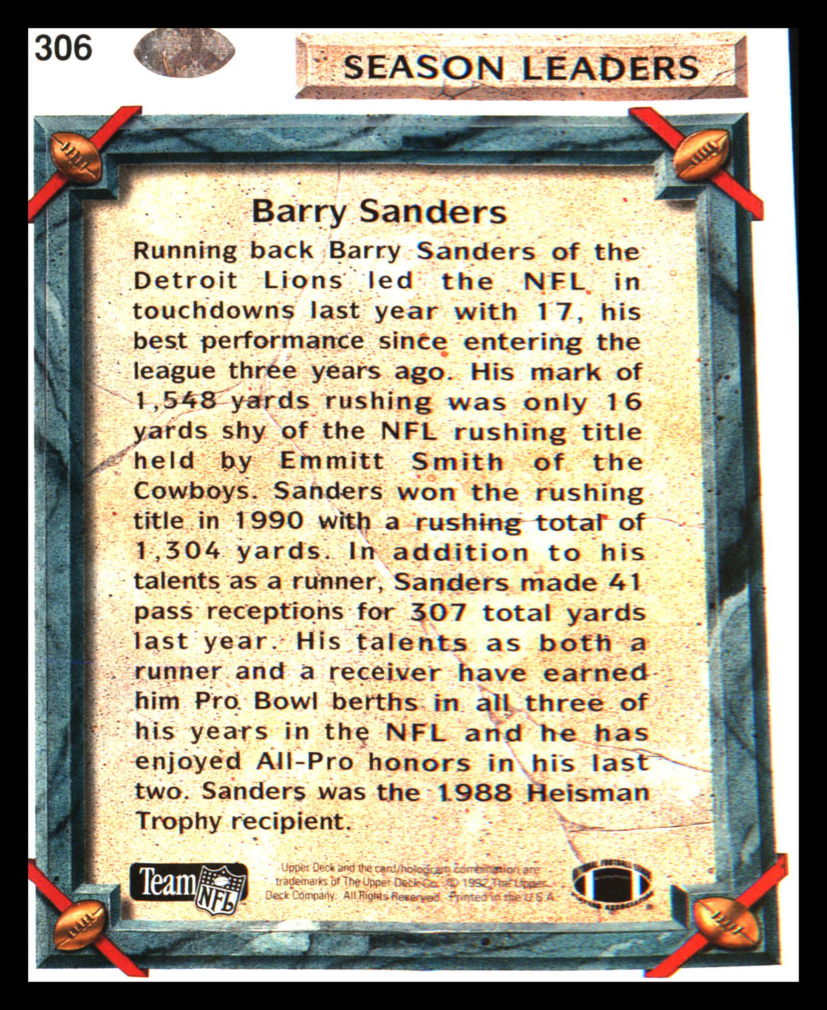 1992 Upper Deck #306 Barry Sanders - Veteran Sports Cards FL