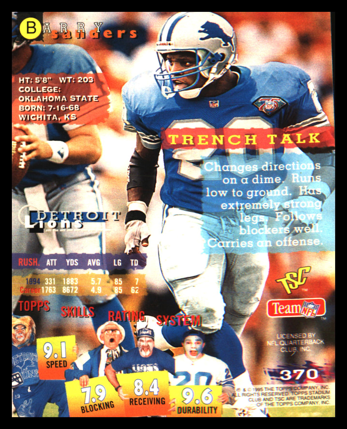 1995 Stadium Club #370 Barry Sanders - Veteran Sports Cards FL