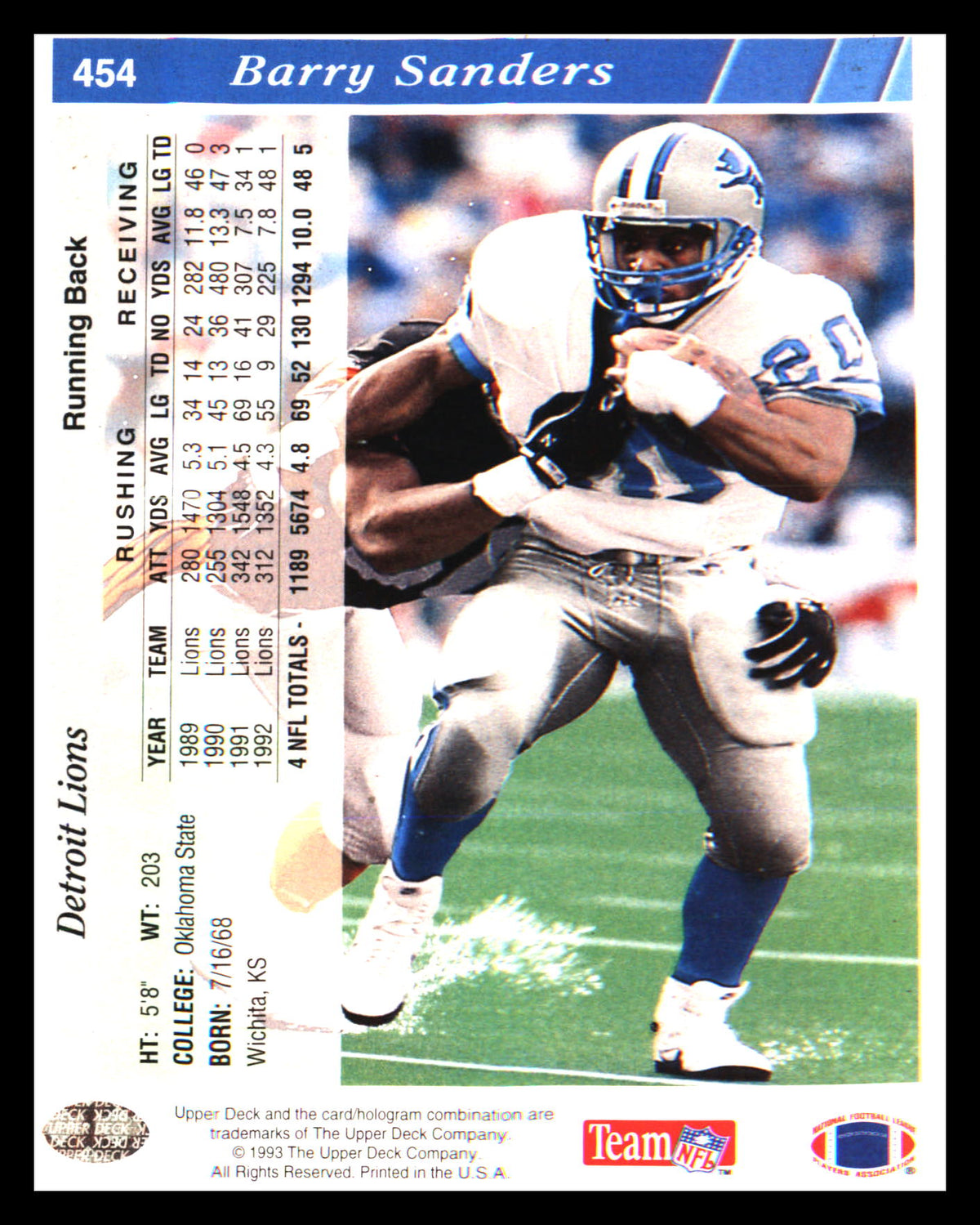 1993 Upper Deck #454 Barry Sanders - Veteran Sports Cards FL