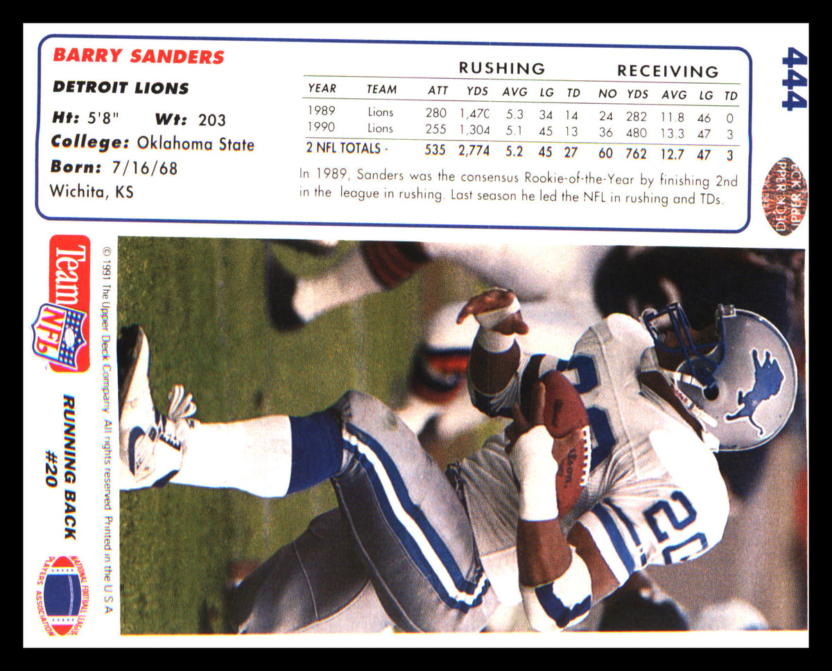 1991 Upper Deck #444 Barry Sanders - Veteran Sports Cards FL