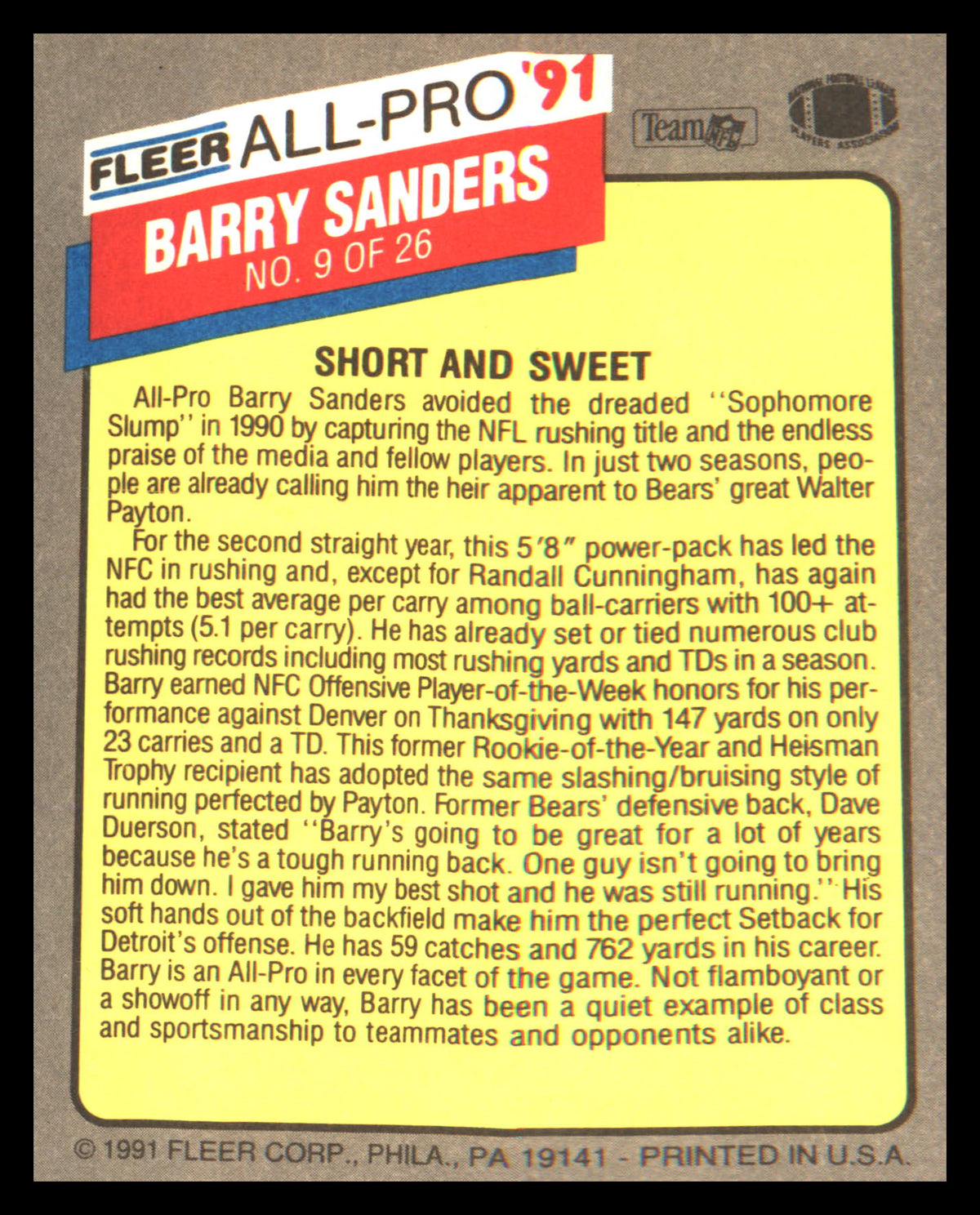 1991 Fleer All-Pro '91 #9 Barry Sanders - Veteran Sports Cards FL