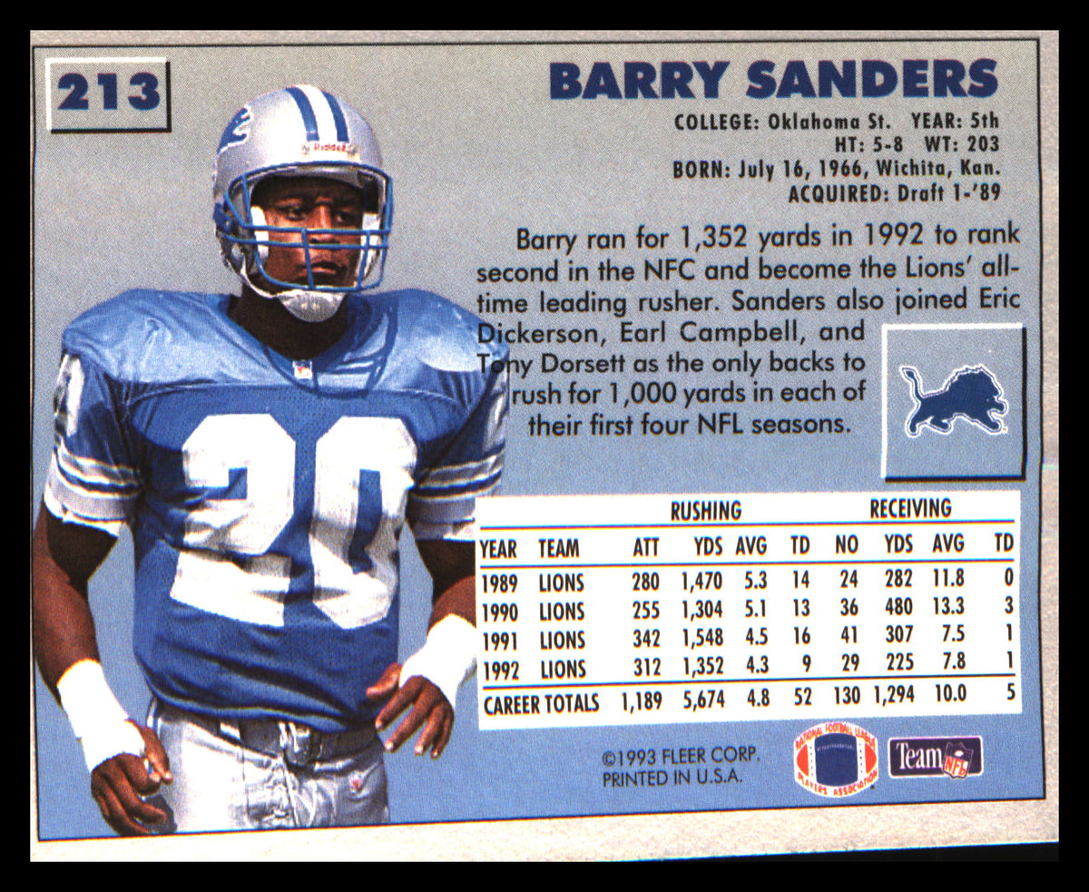 1993 Fleer #213 Barry Sanders - Veteran Sports Cards FL