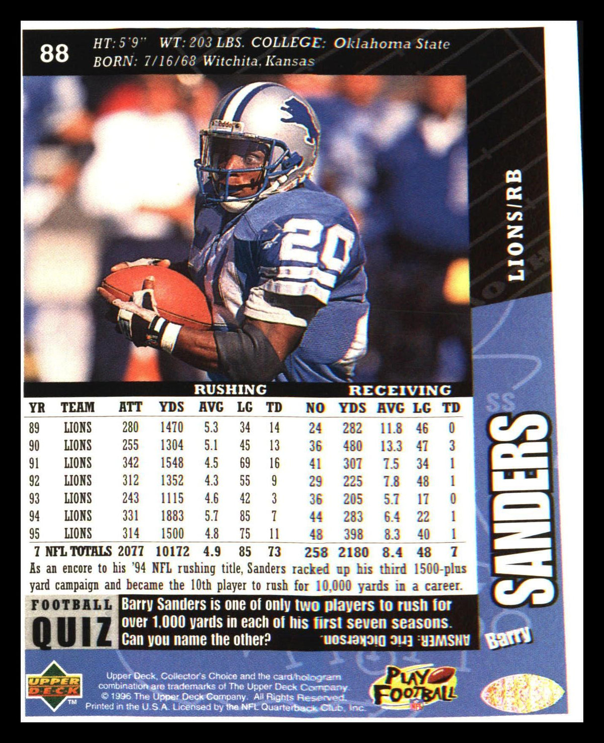 1996 Collector's Choice #88 Barry Sanders - Veteran Sports Cards FL